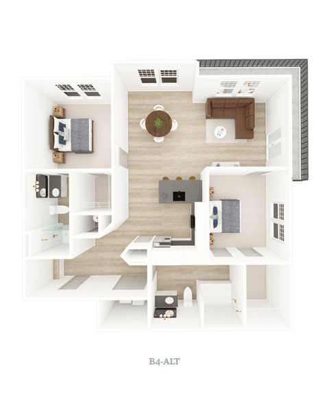 A floor plan of a B4-ALT apartment with a living room, kitchen, and bedrooms.